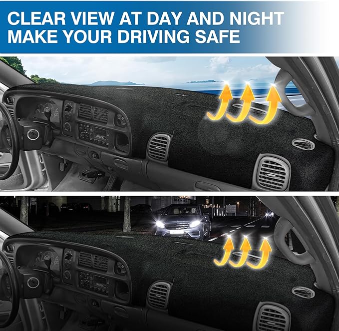 KUST Car Dash Cover for Dodge Ram 1500 2500 3500 1998 1999 2000 2001 Polyester Dashboard Cover Non-Slip Center Console Dash Cover Interior Accessories for Ram Pickup Sunshade No Glare Black