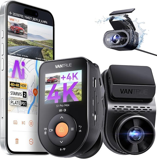 Vantrue S1 Pro Max AI Dash Cam 4K+4K w/ADAS & BSD, Dual STARVIS 2 Dash cam Front and Rear, 2 Channel HDR Dashcam, PlatePix Night Vision, 5G WiFi, Voice Control, GPS, 24H Buffered Parking Mode, 1TB Max
