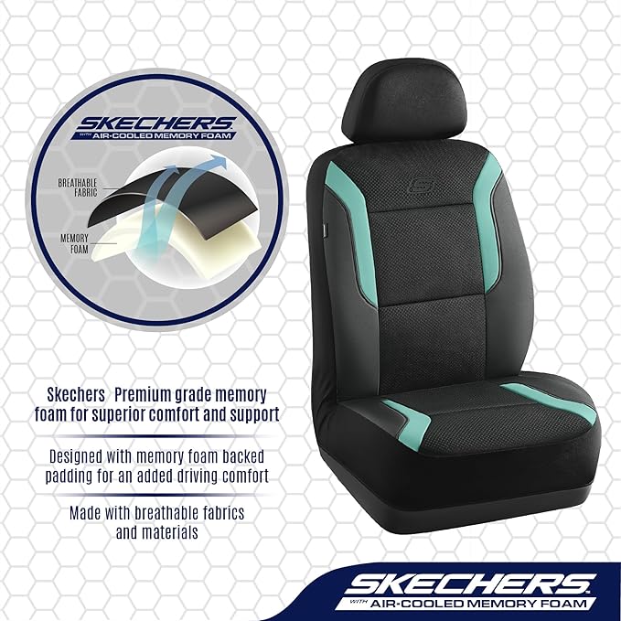Skechers Memory Foam Car Seat Covers, Air Cool Mesh Thick Seat Covers,Car Seat Covers Front Seats Airbag Compatible, Automotive Comfort Protection for Most Cars,Van,Trucks, SUVs,Green