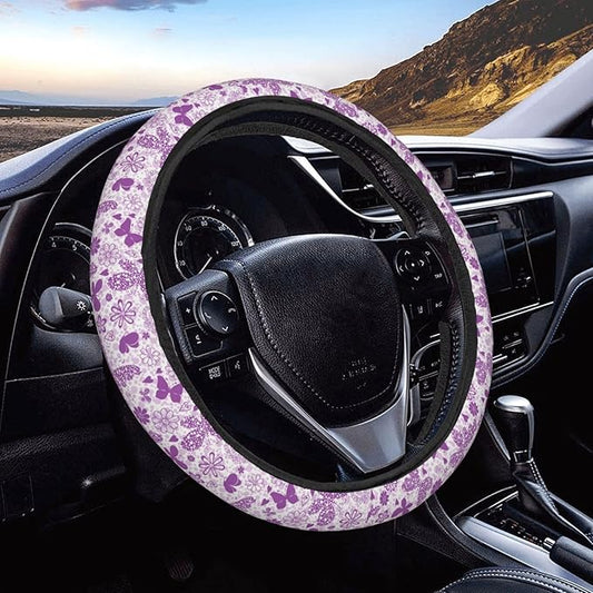 Dujiea Hearts and Butterflies Elastic Stretch Steering Wheel Cover, Anti-Slip and Durable Car Steering Wheel Accessories for Women Men, 15 Inch Universal Fit Car, Truck, SUV