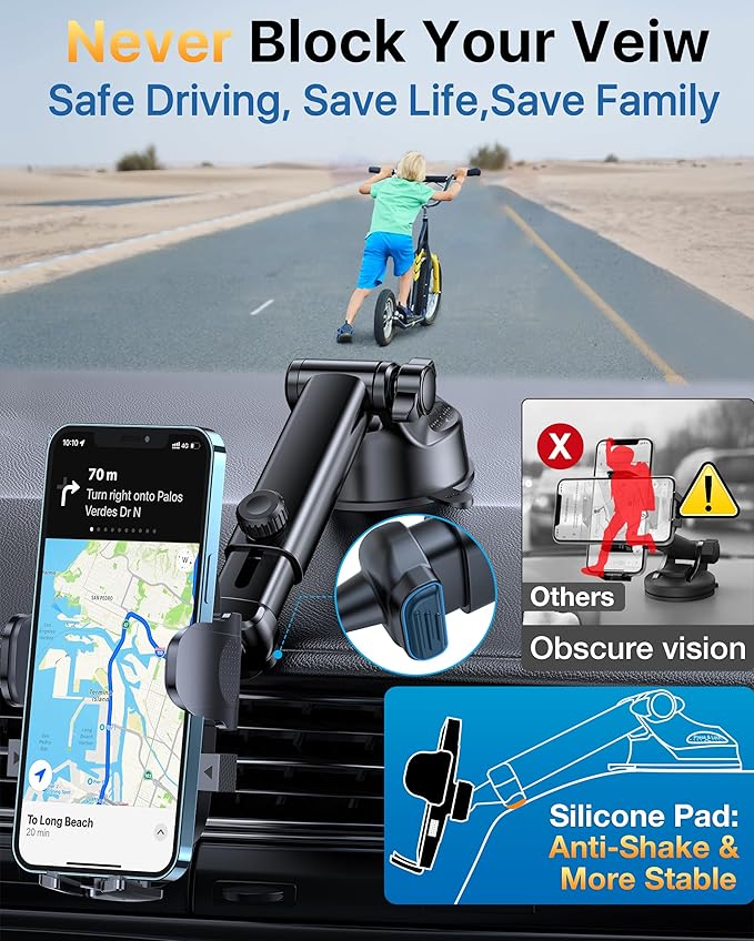 YRU [True Upgrade for Safety] Car Phone Holder Mount [Patent & Military-Grade] Dashboard Cell Phone Holder for Car Vent Windshield Phone Stand for iPhone 17 16 15 14 13 Pro Max Truck Samsung, Blue