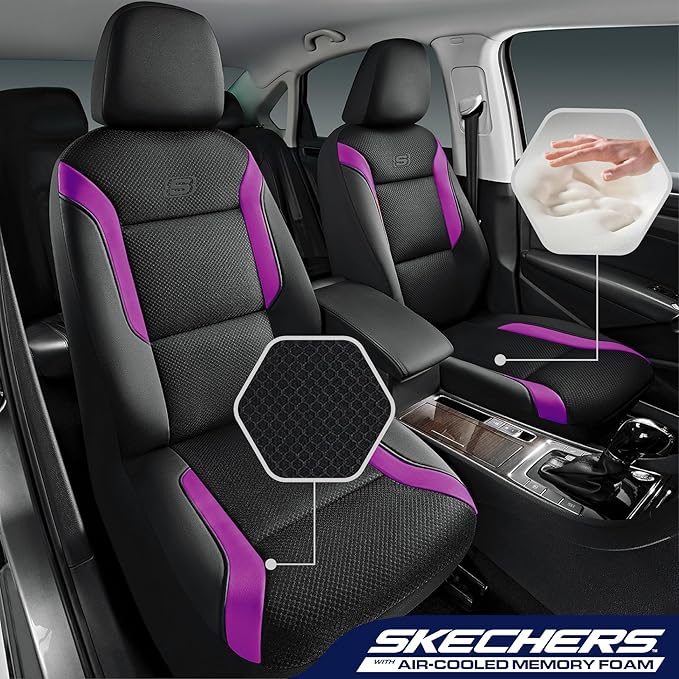 Skechers Memory Foam Car Seat Covers, Air Cool Mesh Thick Seat Covers,Car Seat Covers Front Seats,Airbag Compatible, Automotive Comfort Protection for Most Cars,Van,Trucks, SUVs,Purple