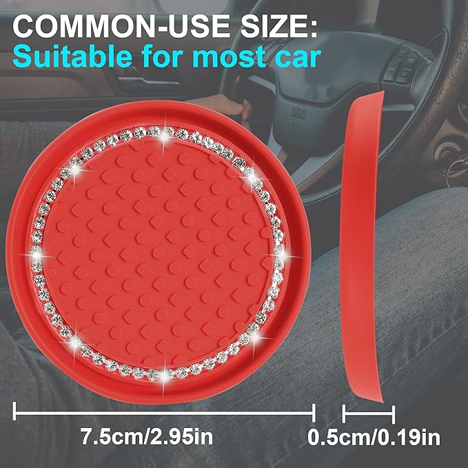 Amooca Car Cup Coaster 4 Pack Universal Non-Slip Cup Holders Insert Coasters Bling Crystal Rhinestone Car Interior Accessories Red Dots