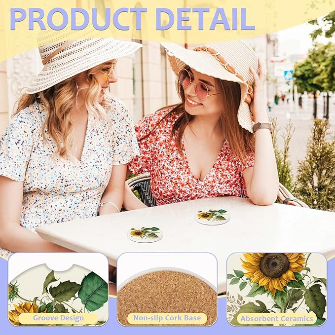 2 Pack Car Cup Holder Coaster-Sunflower Green Leaves Absorbent Ceramic Coaster, Car Coasters for Cup Holders,Auto Accessories for Women & Men