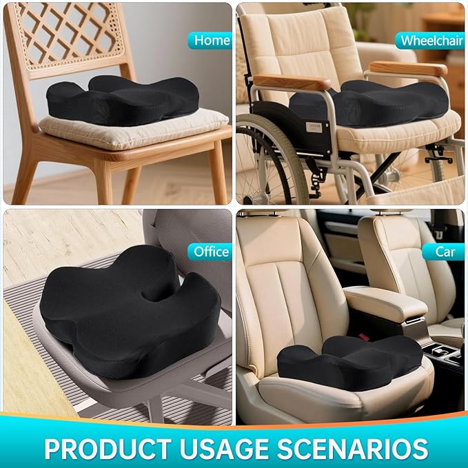 Seat Cushion, Extra Large Memory Foam Seat Cushion for Office Chair, Car Seat, Airplane, Relieving Hip Pressure, Coccyx and Sciatica Pain for Long Sitting (Black)