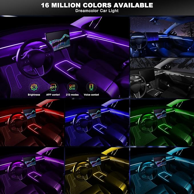 Acrylic Interior Car LED Strip Light with Wireless APP, RGB 6 in 1 with 175 inches 612 LEDs Fiber Optic Car Ambient Lighting Kits, Dynamic Music Sync Neon LED Strip Lights for Car