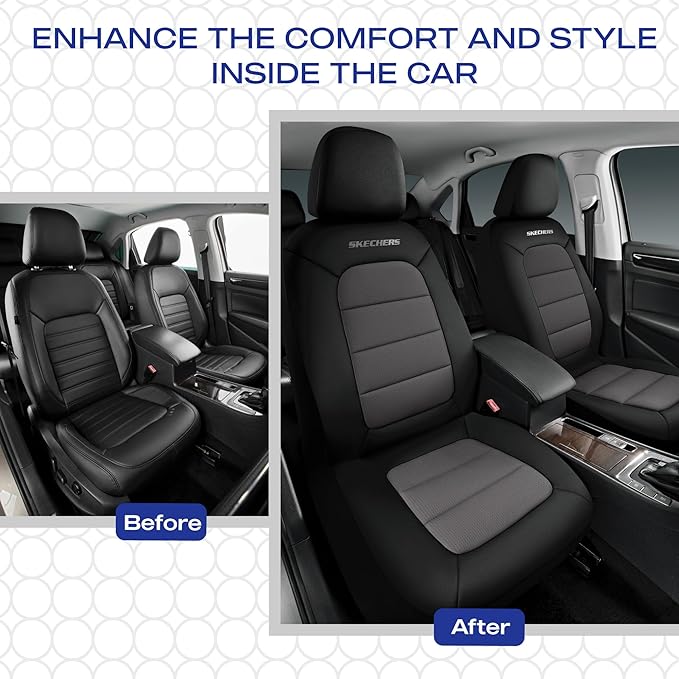Skechers Memory Foam Seat Covers,Thick Cool Touch Fabric Seat Covers,Front Seat Covers Airbag Compatible,Automotive Comfort Protection for Most Cars,Vans,Trucks,SUV,Floor Grey