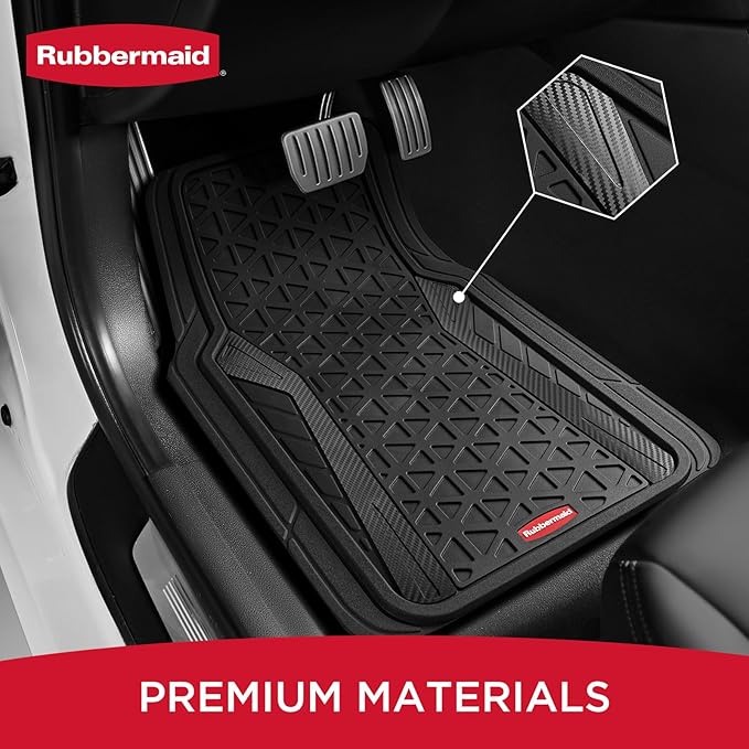 Rubbermaid Car Floor Mats Full Set, Premium Heavy Duty All-Weather Car Mats– Rugged Rubber with Brushed Aluminum Inserts, Universal Trim-to-Fit, Anti-Slip Backing for Cars, SUVs, Trucks & Vans - Black