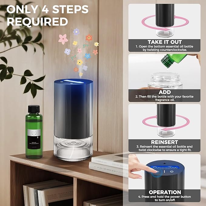 Waterless Essential Oil Diffuser with 100ml of Pure Essential Oil, Mini Scent Air Diffuser with 7 Color Lights, 100ml Large Capacity CarDiffuser, 3 Timers & 3Mist Levelsfor Home, Car, Office
