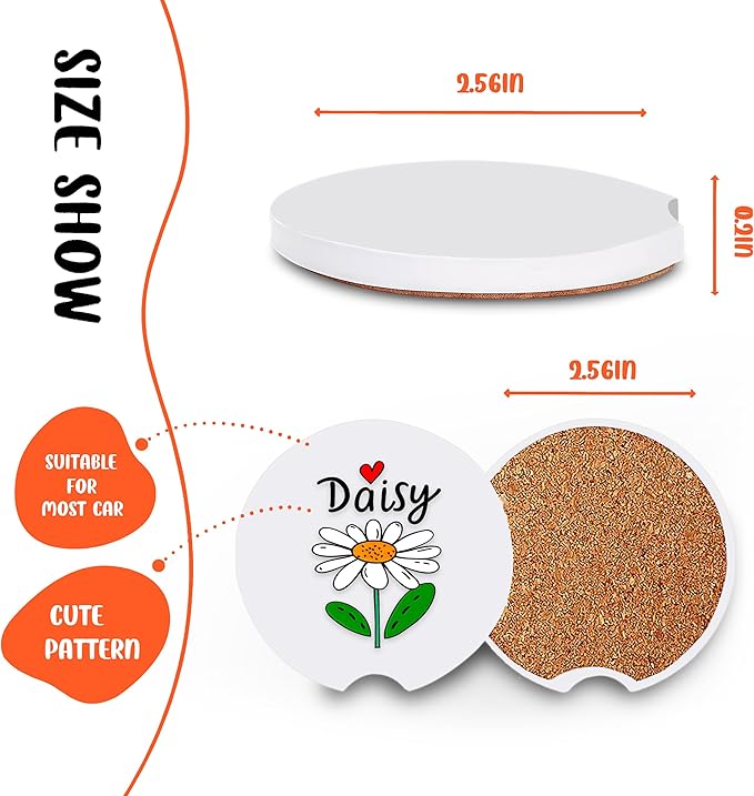 2 Pack Daisy Car Cup Holder Coaster, Cute Car Interior Accessories Drink Coaster for Women & Men, Daisy Lovers Themed Gifts Stuff Accessories Things Merchandise Items!