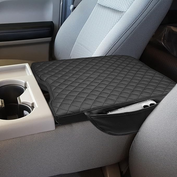 Xaido Center Console Cover Compatible with 2015-2024 2025 Ford F150 & 2017-2025 F250 F350 F450 with 40/20/40 Jump Seat, Leather Armrest Protector Pad with Side Pockets (Jump Seat Only)