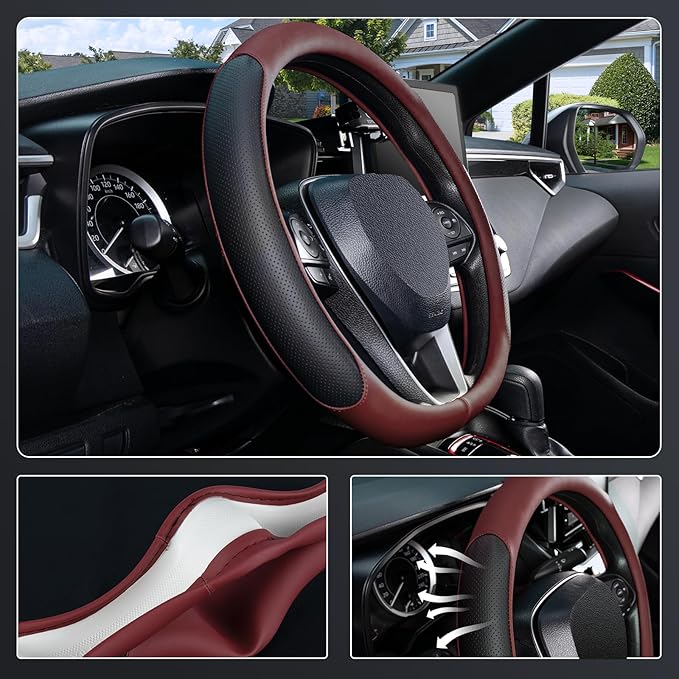 SEG Direct D Shaped Steering Wheel Cover for 14.5-15 inch Flat Bottom Wheels, Breathable Perforated Microfiber Leather, Anti-Slip Grip, Universal Fit for Cars & SUVs, Black and Burgundy
