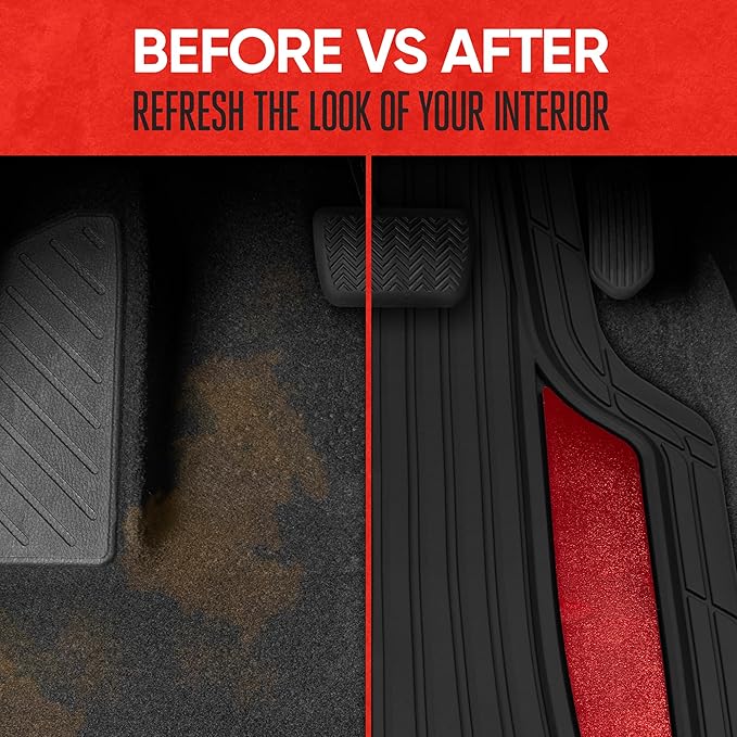 Motor Trend ChromeTech Car Floor Mats Full Set - Durable Rubber Floor Mats for Cars with Two Tone Accent, All Weather Interior Protection for Front and Rear with Non-Slip Backing, Red Chrome