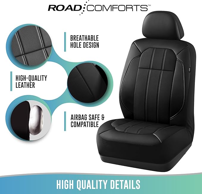 Road Comforts Car Seat Covers, Breathable Leather Seat Covers, Car Seat Covers Full Sets Airbag Compatible, Automotive Seat Covers for Most Cars, Vans, Trucks, SUV - Black