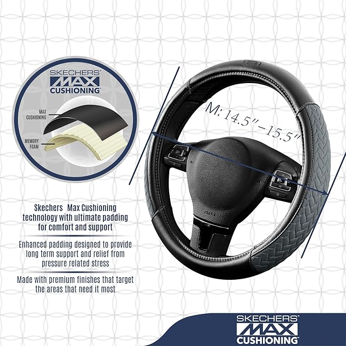 Skechers Steering Wheel Cover,Max Cushioning Leather Steering Wheel Cover Universal Fit 14" 1/2-15" Car Wheel Protector for Men Women Fit Suvs,Vans,Sedans,Car,Trucks,Gray