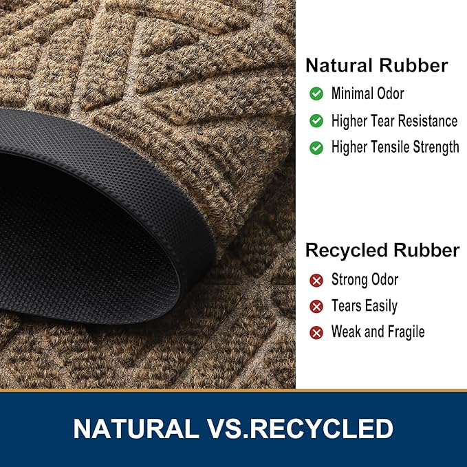 Smiry Front Door Mat Outside Entrance, Heavy Duty Sturdy Natural Rubber Doormat, Trap Dirt and Moisture, Easy Clean Low Profile Mats for Indoor Outdoor Entry, Grid Geometric (29.5x17, Brown)