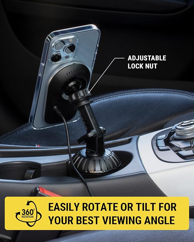 Scosche MPQ5CUP2 MagicMount Pro Charge5 15W Magnetic Wireless Phone Charger for Car, Cup Holder Phone Mount with Fast Charging for MagSafe iPhone 16 15 14 13 12 Series and Qi-Enabled Android Phones