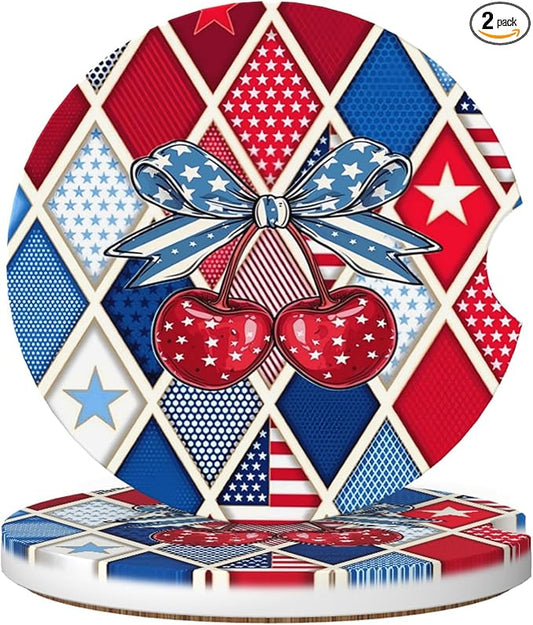 Absorbent Car Coasters for Cup Holders, 2 Pack Universal Anti Slip Ceramic Cup Coaster for Women Men 2.56 Inch Car Interior Accessories - Bow Tie Cherry Stars and Stripes 020