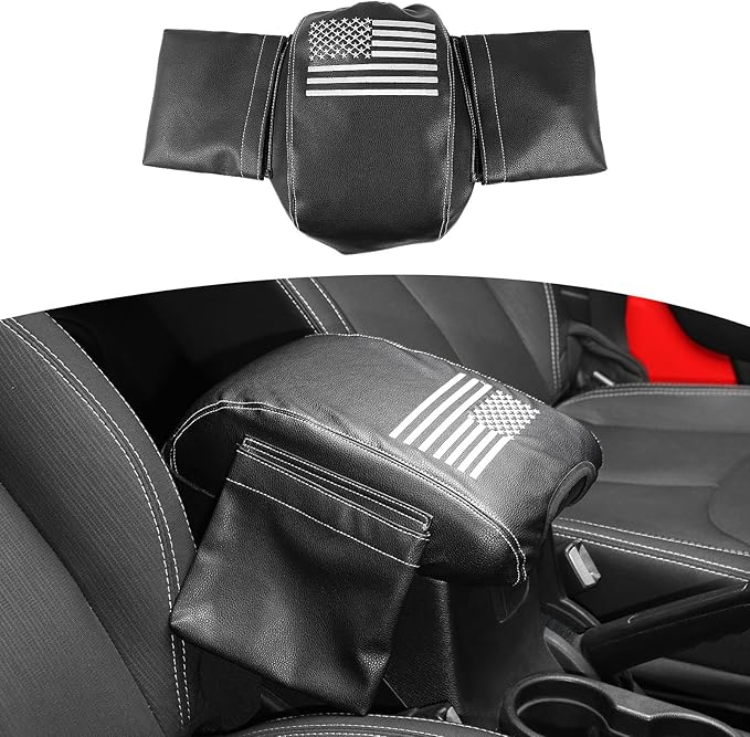RT-TCZ for Wrangler JK Center Console Armrest Pad Cover with Storage Bag for Jeep Wrangler JK JKU 2011-2017 American Flag Black Leather