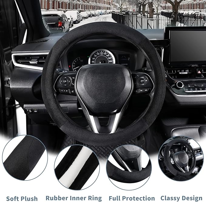 SEG Direct Car Steering Wheel Cover for Prius Civic Model 3 Model Y Camaro, Small Size 14-14.25 inch, Warm Plush, Summer Winter, Black