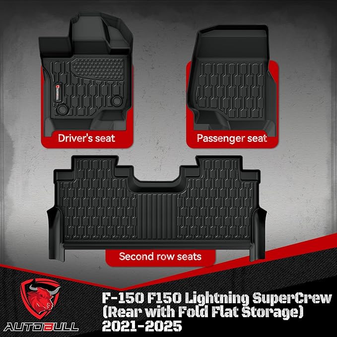 Floor Mats Compatible with F-150 F150 Lightning SuperCrew (Rear with Fold Flat Storage) 2021-2025, All Weather TPE Floor Liners, Custom Fit Car mats, 1st & 2nd Row, Black