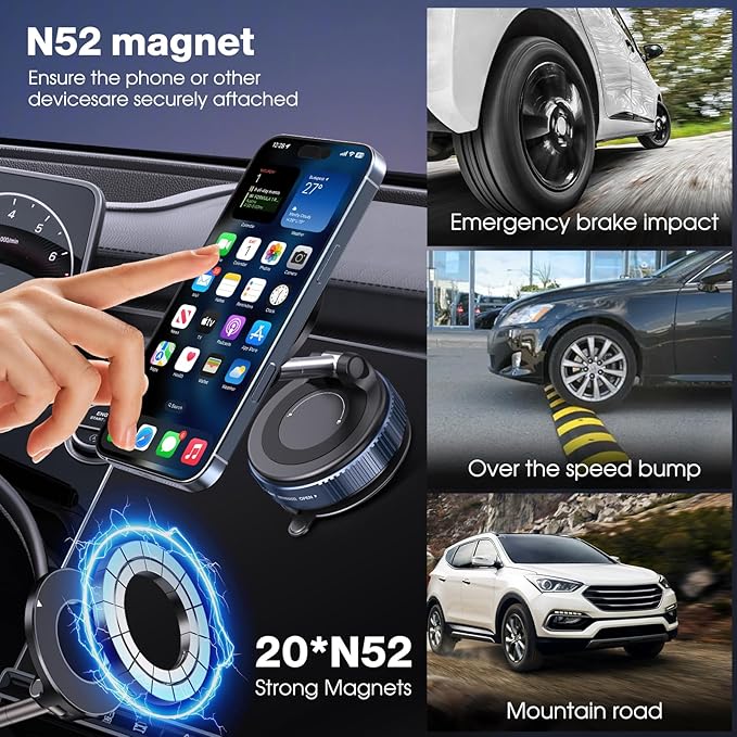 360° Rotatable Vacuum Magnetic Phone Holder, Foldable and Retractable Suction Cup Car Phone Mount for Car/Gym/Mirror/Smooth Surface, Compatible with iPhone Android and All Smartphones (Black)