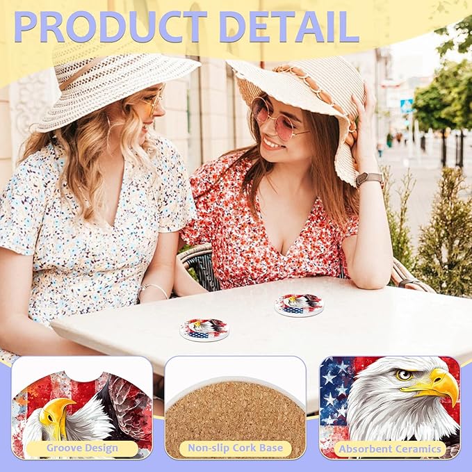 2 Pack Car Cup Holder Coaster-American Flag Eagle Absorbent Ceramic Coaster, Car Coasters for Cup Holders,Auto Accessories for Women & Men