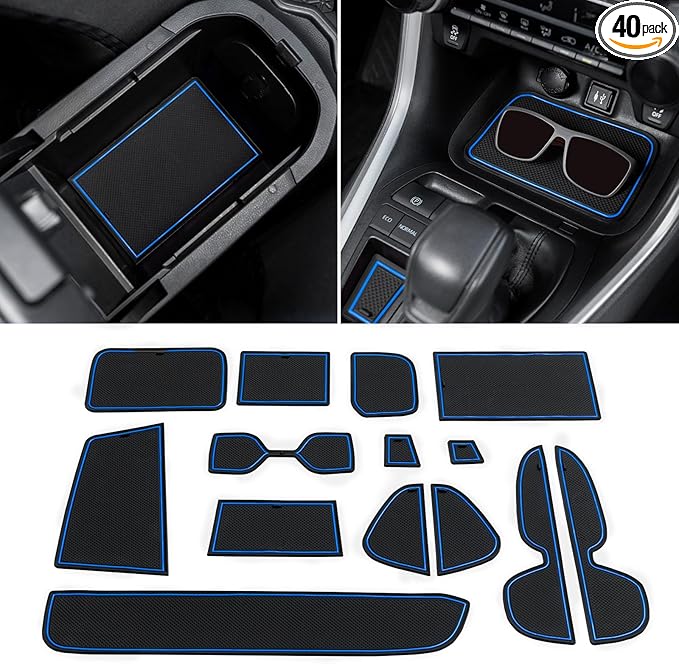 TOPINSTALL Accessorize Interior Liners Compatible with 2019-2024 2025 Toyota RAV4 & 2021-2025 RAV4 Prime, Anti Dust Cup Holder Insert, Premium Console Rubber Mat, Door Pocket Pad- 16PCS Blue Trim