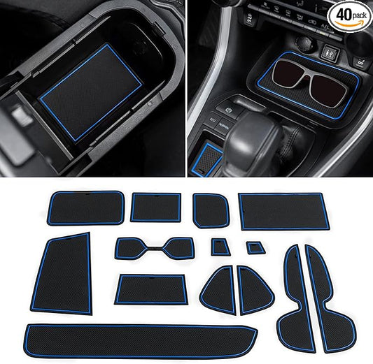 TOPINSTALL Accessorize Interior Liners Compatible with 2019-2024 2025 Toyota RAV4 & 2021-2025 RAV4 Prime, Anti Dust Cup Holder Insert, Premium Console Rubber Mat, Door Pocket Pad- 16PCS Blue Trim