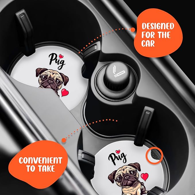 2 Pack Pug Car Cup Holder Coaster, Cute Pug Car Interior Accessories Drink Coaster for Women & Men, Pug Lovers Themed Gifts Stuff Accessories Things Merchandise Items!