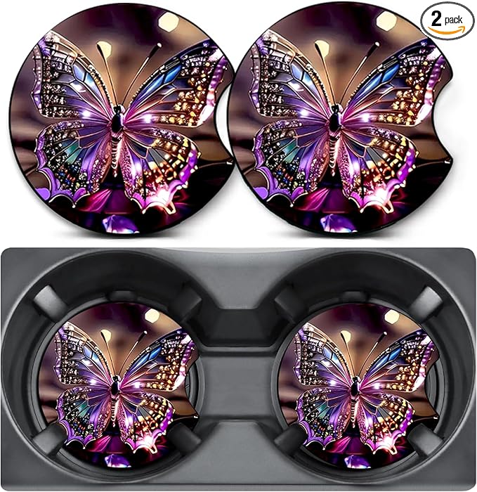 2 Pack Car Coasters for Cup Holders,Butterfly Car Cup Holder Coasters,2.75" Universal Size Anti Slip Rubber Mat,Automotive Interior Accessories,Automotive Cup Holder Decor,Butterfly Gifts for Women