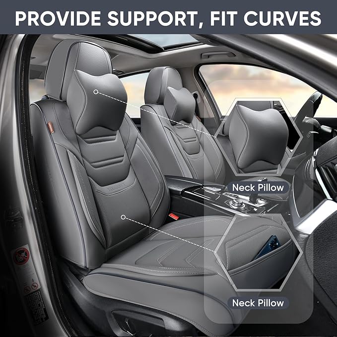 Gray Car Seat Covers Full Set, Breathable Leather Automotive Front and Rear Seat Covers & Headrest for Reduce The Driving Fatigue, Compatible with Most Vehicles, Cars