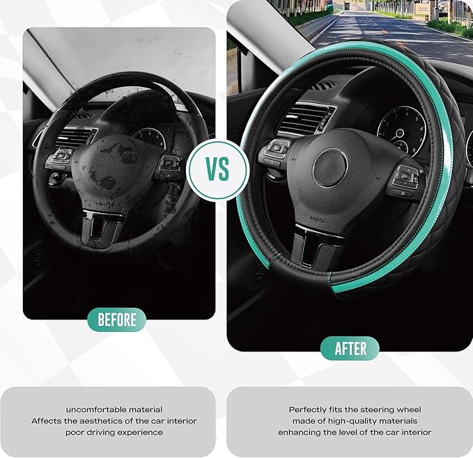 Road Comforts Leather Steering Wheel Cover – Black & Green Universal Fit 14.5-15 Inch, Microfiber Leather, Anti-Slip & Breathable Design for Men and Women