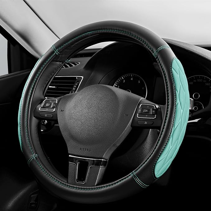 PIC AUTO Steering Wheel Cover, Mint Thick Rhombic Foam and Premium Leather, Universal 14.5-15.5 Inch Breathable Anti-Slip Steering Wheels Accessories for Men & Women