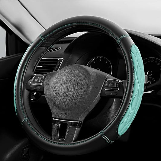 PIC AUTO Steering Wheel Cover, Mint Thick Rhombic Foam and Premium Leather, Universal 14.5-15.5 Inch Breathable Anti-Slip Steering Wheels Accessories for Men & Women