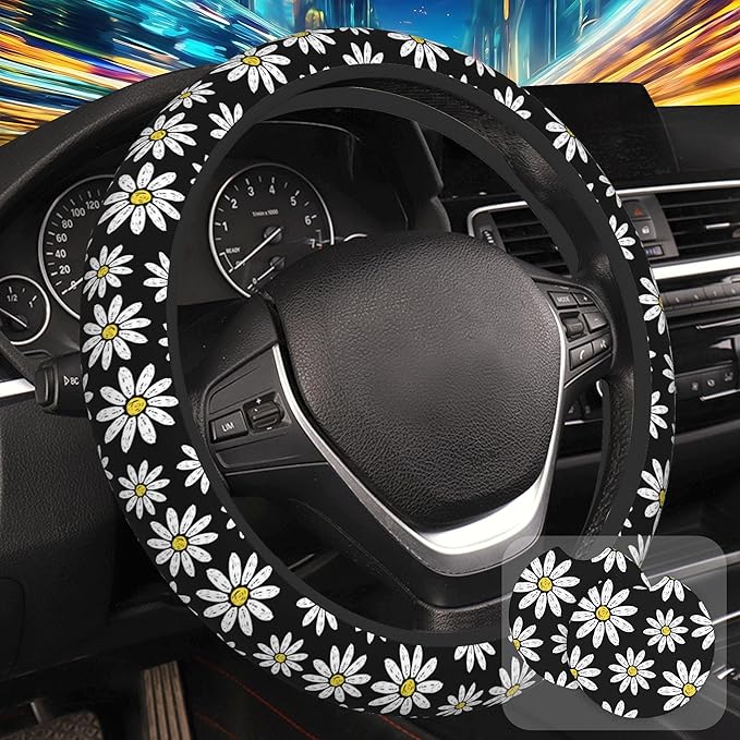 White Daisy Flowers Steering Wheel Cover with 2 Pcs Car Coasters Neoprene Steering Wheel Cover for Women Men Anti-Slip Breathable Car Accessories Universal 15 Inch Fit Auto Cars Trucks