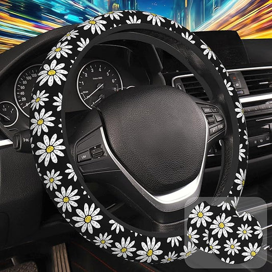 White Daisy Flowers Steering Wheel Cover with 2 Pcs Car Coasters Neoprene Steering Wheel Cover for Women Men Anti-Slip Breathable Car Accessories Universal 15 Inch Fit Auto Cars Trucks