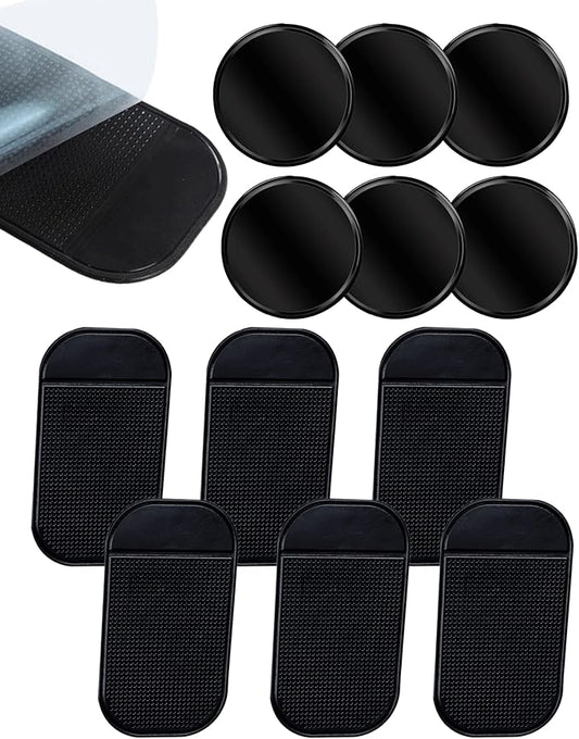 12-Pack Anti-Slip Dashboard Mats for Car - 6 Rectangular & 6 Circular Rubber Pads for Phones, Sunglasses, Keys - Heat Resistant & Reusable Car Grip Mat (Black)