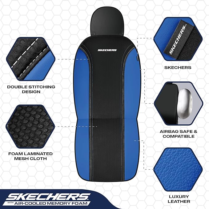 Skechers Memory Foam Seat Covers,Air- Cooled Mesh Thick Car Seat Covers,Leather Seat CoversFull Sets,Airbag Compatible,Automotive Comfort Universal Fit for SUVs,Vans,Sedans,Cars,Trucks,Blue