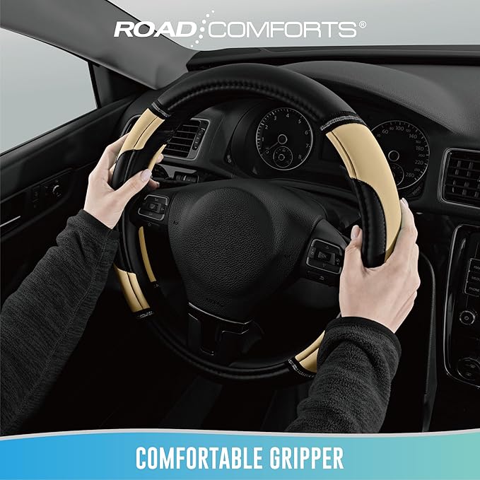 Road Comforts Leather Steering Wheel Cover - Made with PVC Leather - Anti-Slip, Universal Fit 14 1/2 inches to 15 inches - Beige