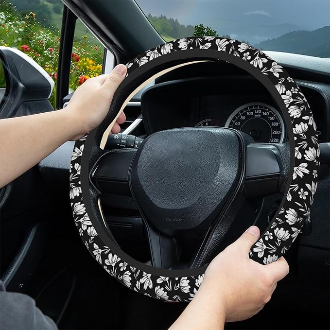 Small Flowers Steering Wheel Cover, White and Black Floral Elastic Non-Slip Steering Wheel Protector,Auto Interior Decor for Women Girls,Universal 15" Fit for Sedans,Trucks