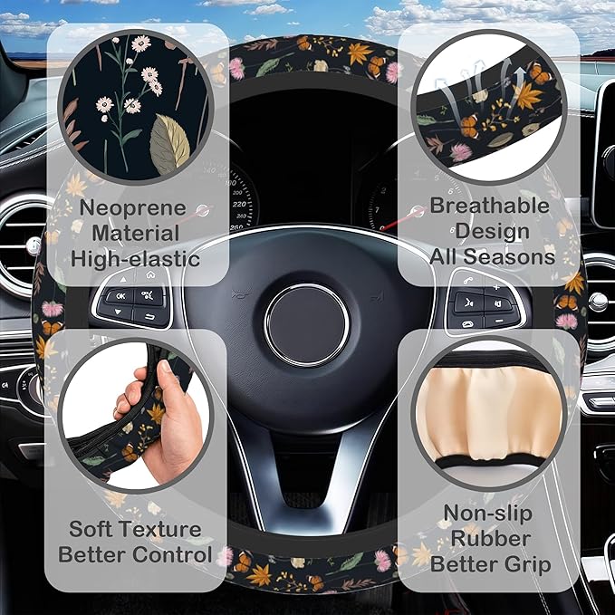 Wildflowers and Butterflies Steering Wheel Cover for Women, Anti-Slip Car Steering Wheel Cover with 2 Pcs Cup Holders Neoprene Breathable Car Accessories Universal 15 Inch Auto Interior Decor