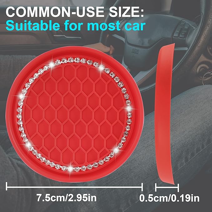 Amooca Car Cup Coaster 4 Pack Universal Non-Slip Cup Holders Insert Coasters Bling Crystal Rhinestone Car Interior Accessories Red Grid