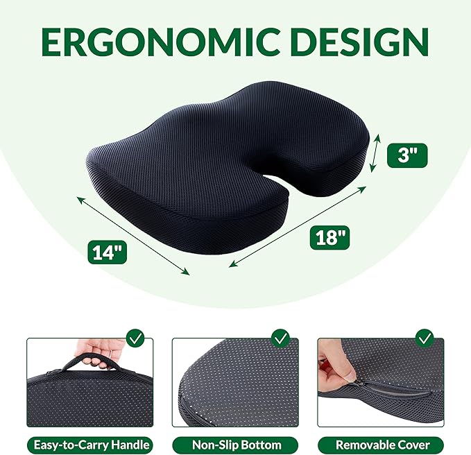 Seat Cushions for Office Chairs Car Airplane,Charcoal Memory Foam Seat Cushion,Ergonomic Tailbone Pain Relief Cushion, Sciatica & Back Support with Anti-Slip Bottom and Handle