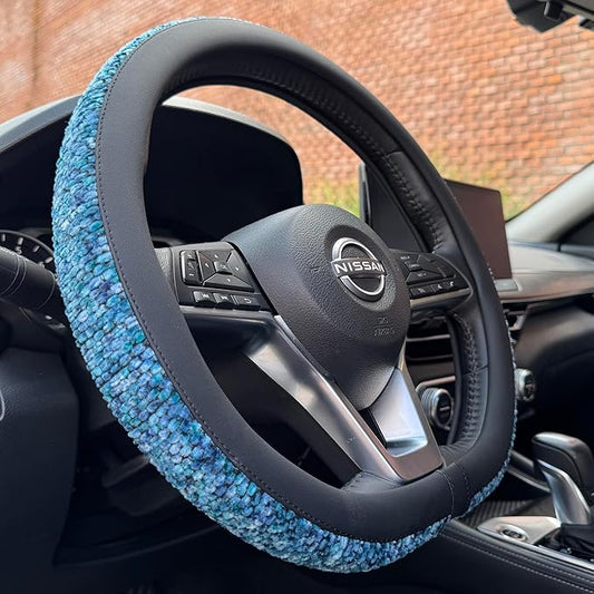 PINCTROT D Shaped Chenille Leather Steering Wheel Cover, Soft Mottled Colors, Sweat-Proof, Non-Slip Grip, All-Season Comfort, Flat Bottom 14.5-15 Inch(Mottled Blue)