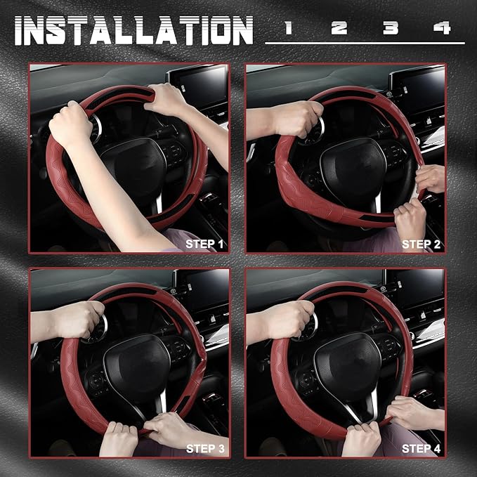 SEG Direct Car Steering Wheel Cover Medium Size 14 1/2"-15" Embossed Microfiber Leather with Carbon Fiber Pattern Burgundy