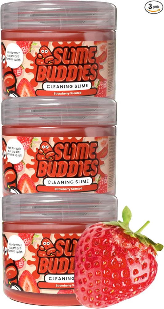 Slime Buddies Car Cleaning Gel Putty - 3 Pack Strawberry Scent Interior Detailing Tool for Cup Holder, Air Vent & Keyboard - Reusable Auto Detailing Accessory - Dust Remover Goop - Gift for Men Women