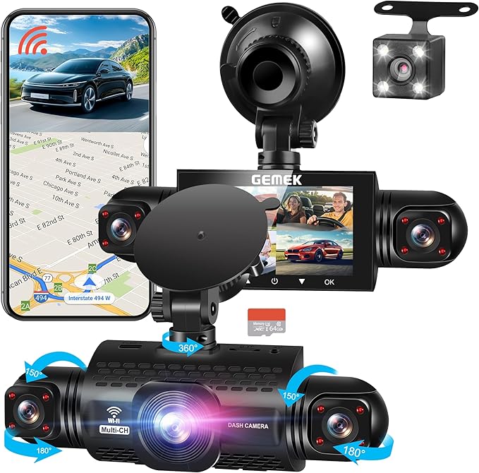 360 Degree View 4 Channel Dash Cam 5G WiFi & App Control, GEMEK 2K Front and Rear Inside, Left and Right Dash Camera for Cars, Free 64GB TF Card, G-Sensor, Night Vision, 24-Hour Parking Mode