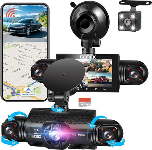 360 Degree View 4 Channel Dash Cam 5G WiFi & App Control, GEMEK 2K Front and Rear Inside, Left and Right Dash Camera for Cars, Free 64GB TF Card, G-Sensor, Night Vision, 24-Hour Parking Mode