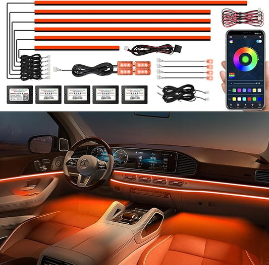 Acrylic Interior Car Lights, AMKI Car LED Strip Light with APP Control, Accessories Car Ambient Light Kit with RGB 14 in 1 and 175 inches 593 LEDs, 16 Million Colors Music Active Neon Lighting
